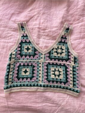 Crochet Square-Panel V-Neck Crop Top in Teal, Lilac & Cream